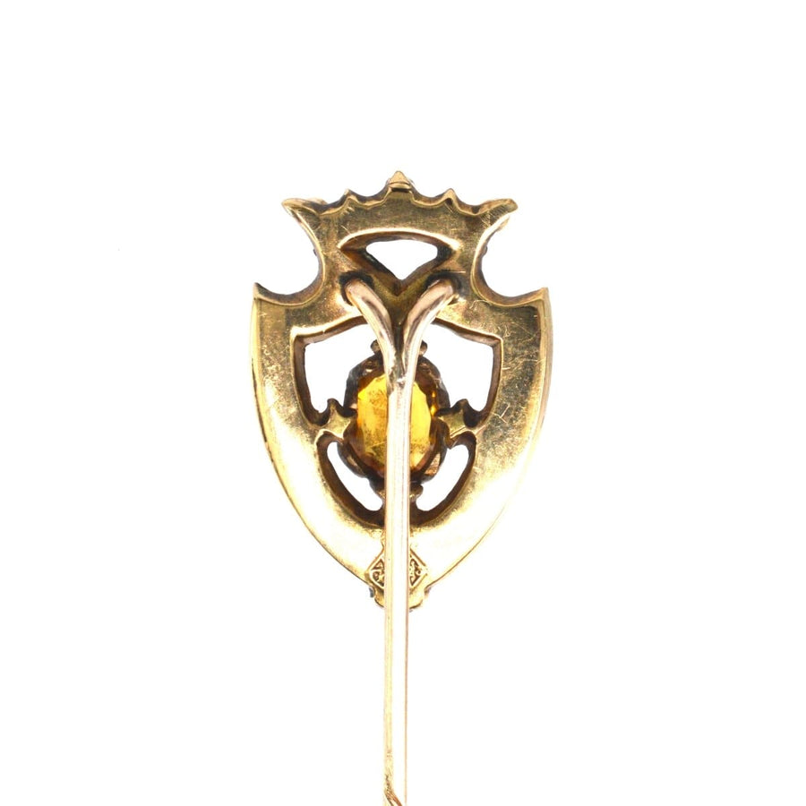 Scottish 9ct gold Luckenbooth shield tie pin featuring a Cairngorm Citrine gemstone.