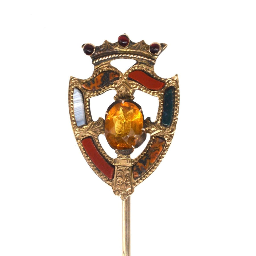 Scottish 9ct gold Luckenbooth shield tie pin featuring Cairngorm Citrine and colorful enamel accents.