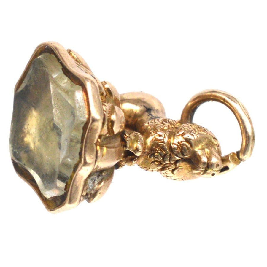 Small Georgian gold cased poodle pendant featuring elegant rock crystal seal detail, perfect for antique jewelry lovers.