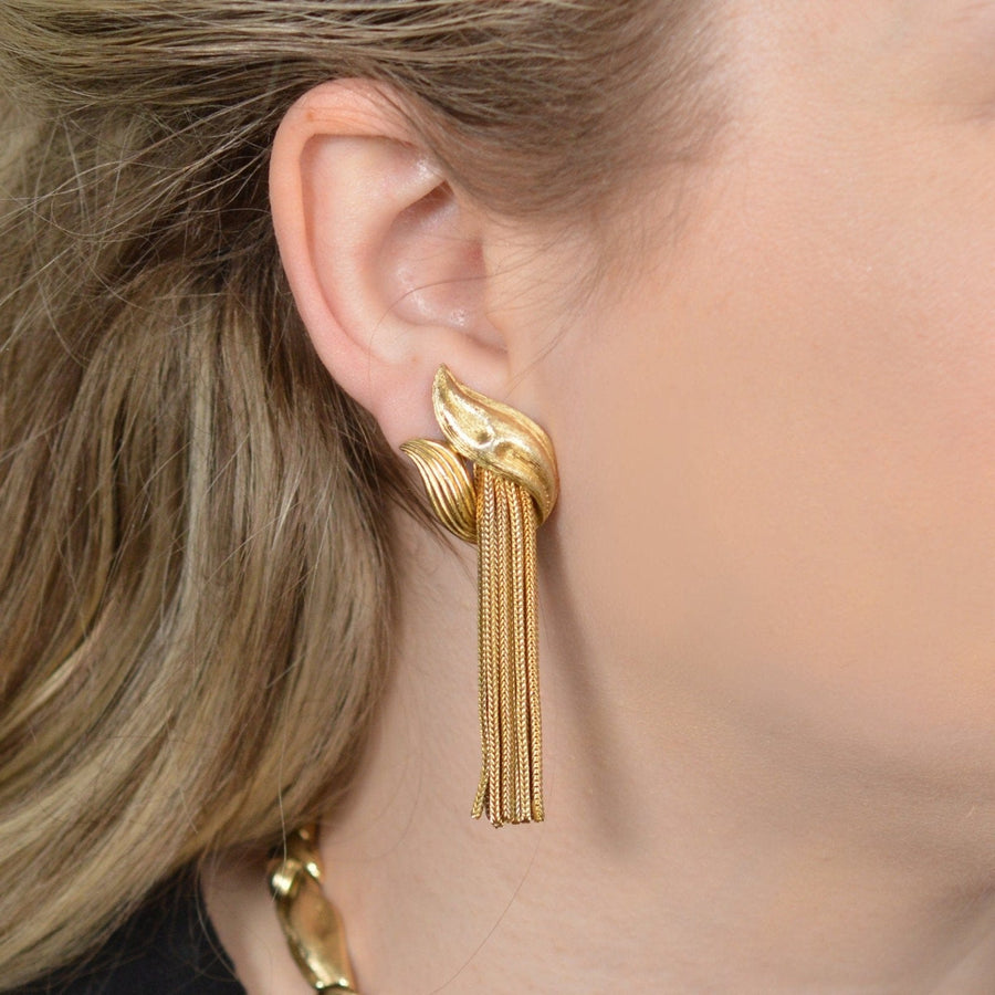 Gold-tone tassel earrings from Trifari's 1950s demi-parure set, featuring a stylish knot design.