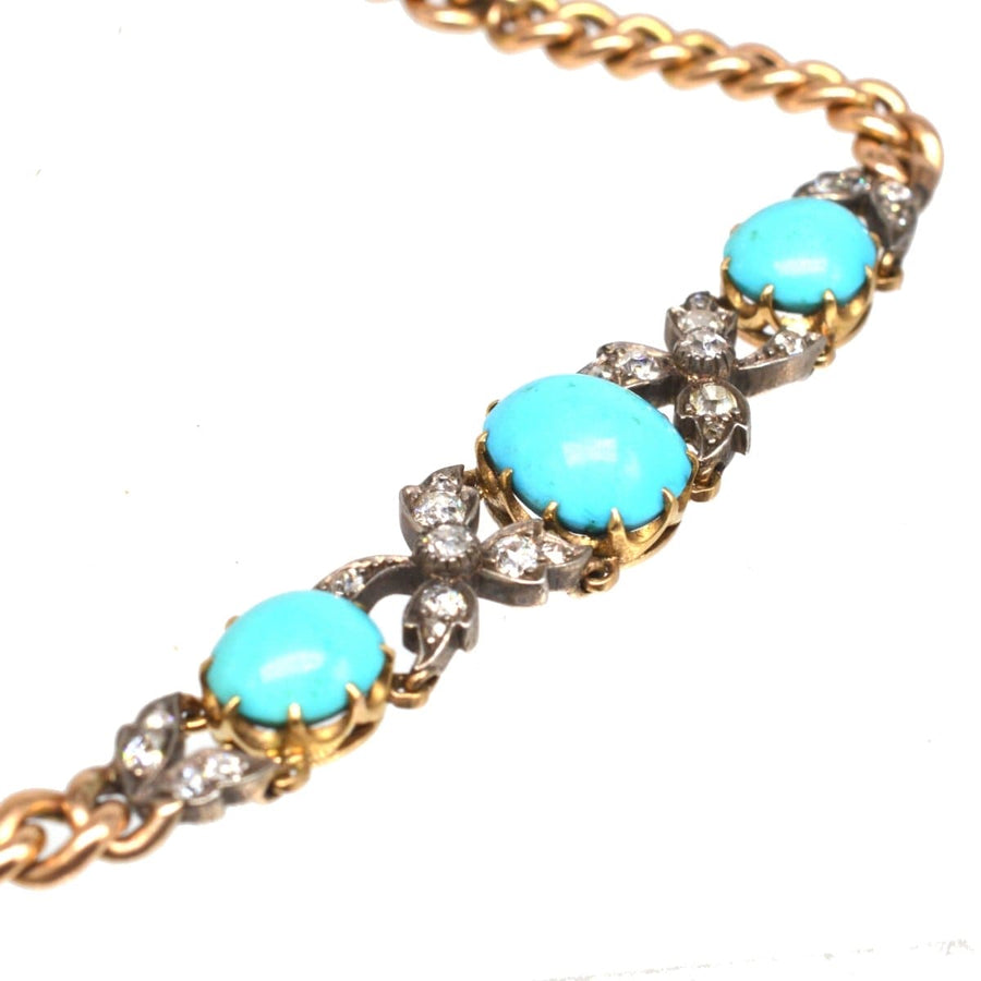 Victorian 15ct gold and silver bracelet featuring turquoise and diamond accents, showcasing timeless elegance.