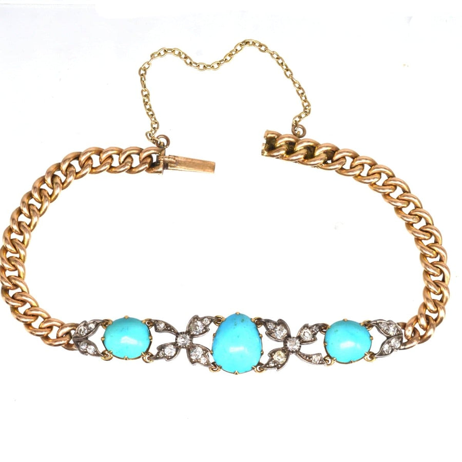 Victorian 15ct gold and silver curb bracelet with turquoise and diamond accents, showcasing timeless elegance.