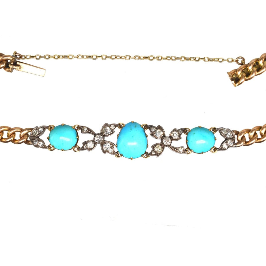 Victorian 15ct gold and silver bracelet featuring turquoise and diamond accents, a stunning antique jewelry piece.