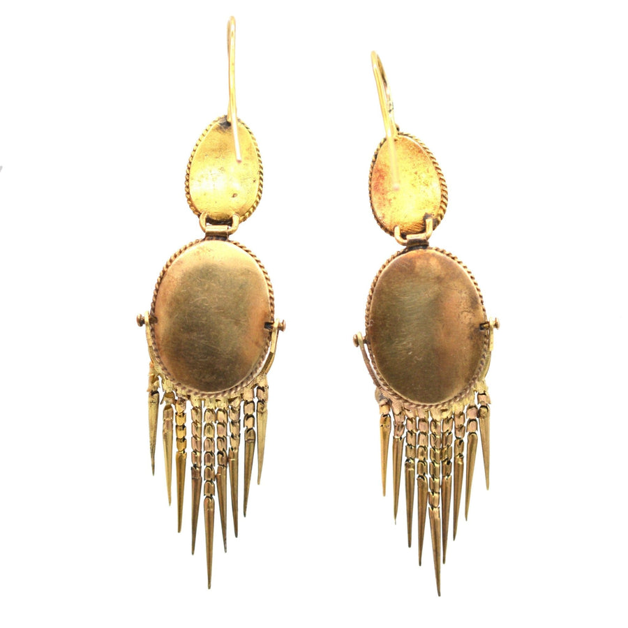 Victorian 15ct gold cabochon garnet drop earrings with fringed design, circa 1860s-1880s, perfect for antique jewelry lovers.