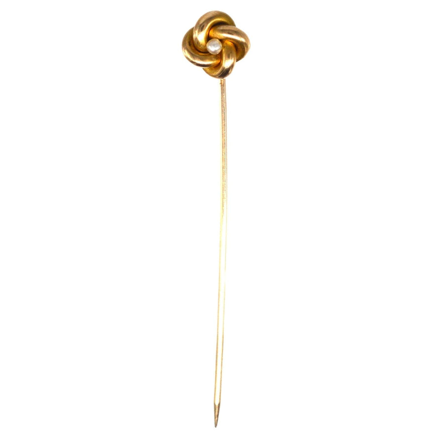 Victorian 15ct gold knot and pearl tie pin, symbolizing everlasting love and timeless elegance.