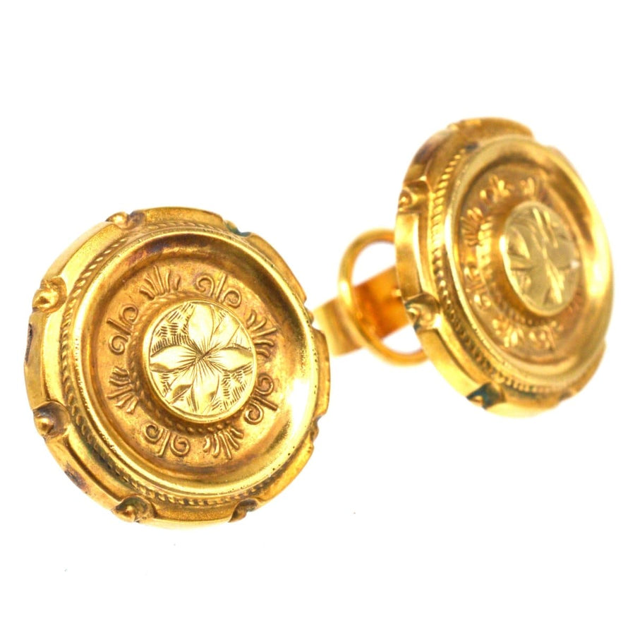 Victorian 15ct gold round Etruscan style earrings featuring intricate applied gold work and classic design from 1860-1880.