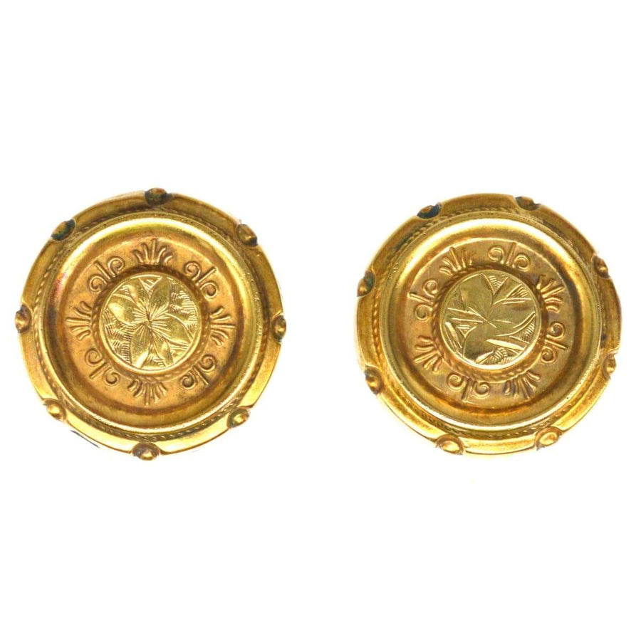 Victorian 15ct gold round Etruscan style earrings featuring gold rope and wire work, made between 1860-1880.