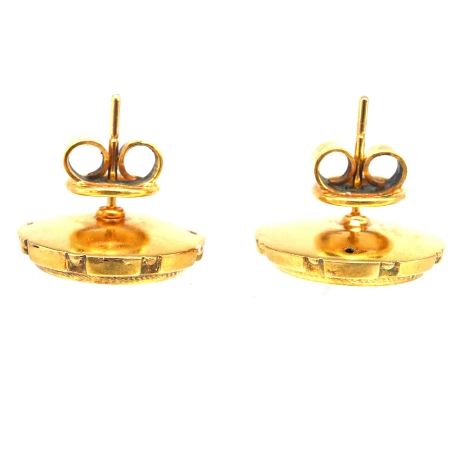 Victorian 15ct gold round Etruscan style earrings featuring applied gold rope and wire work.