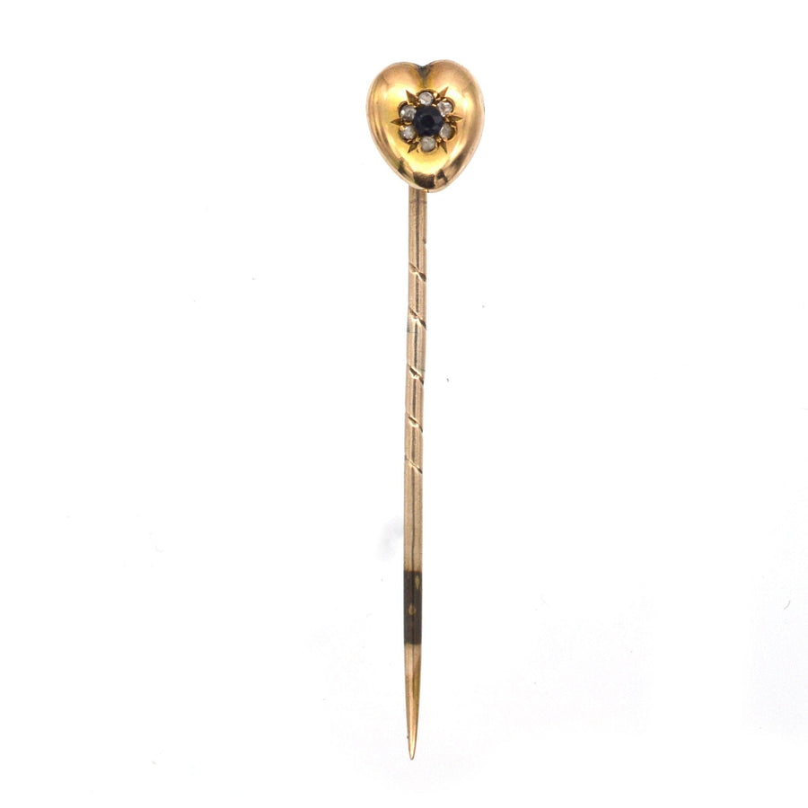 Victorian 15ct gold heart tie pin featuring sapphires and diamonds, a perfect vintage gift for Valentine's Day.