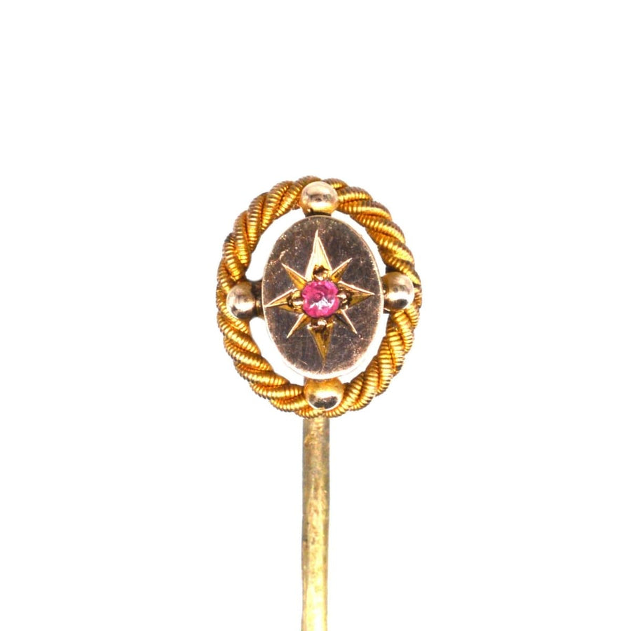 Victorian 15ct gold tie pin with a ruby star by John Price Hunt, 1880, featuring openwork design and stopper.