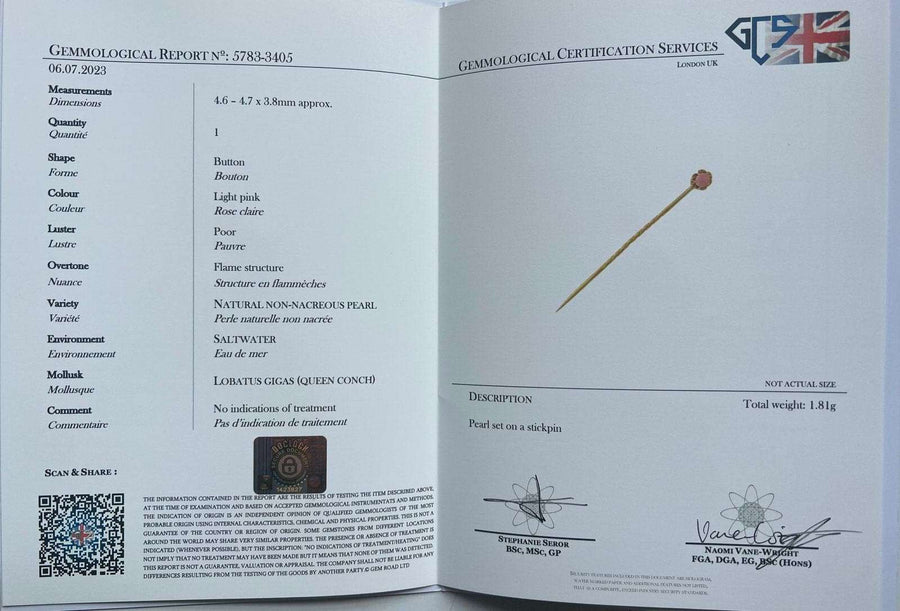 Gemological certification report for a natural conch pearl tie pin, detailing its features and authenticity.