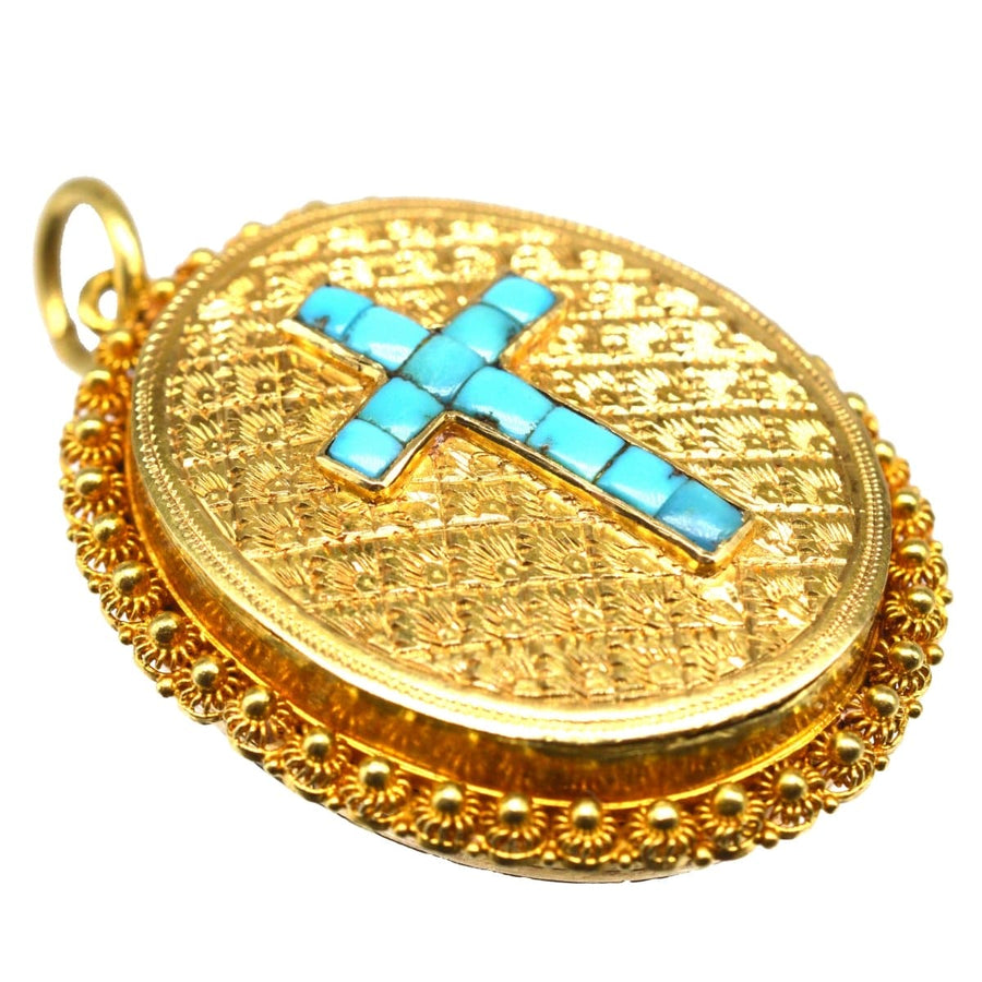 Victorian 18ct gold locket featuring turquoise cross, ideal for photos, in original case, a perfect Christening gift.