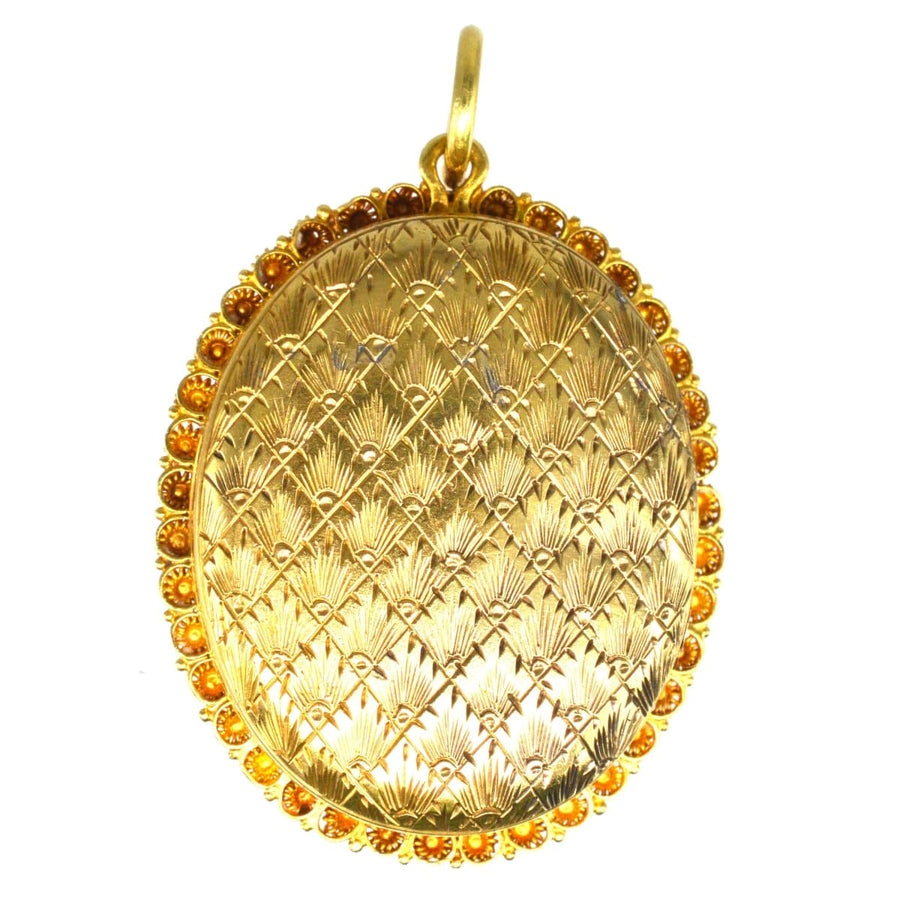 Victorian 18ct gold locket with intricate design, featuring a turquoise cross and original case, ideal for special gifts.