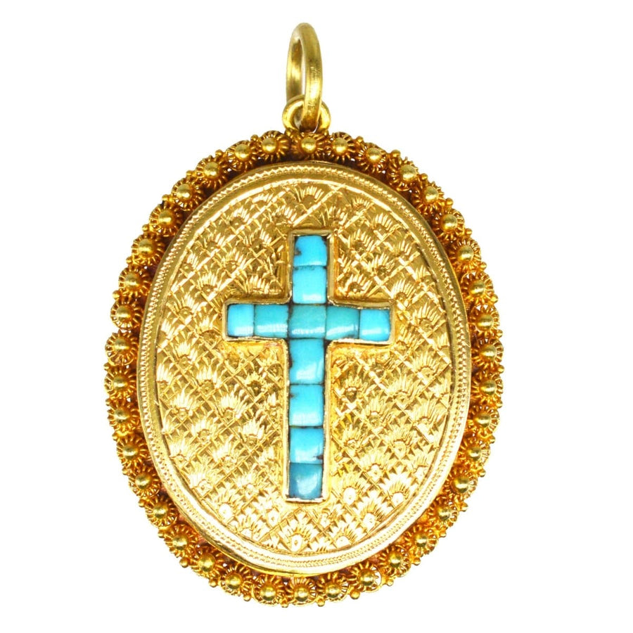 Victorian 18ct gold locket with turquoise cross, featuring intricate design, perfect for gifts and keepsakes.
