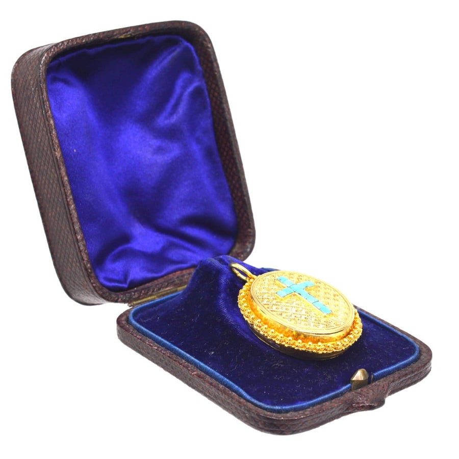 Victorian 18ct gold locket with turquoise cross in original case, perfect for Christening gift.