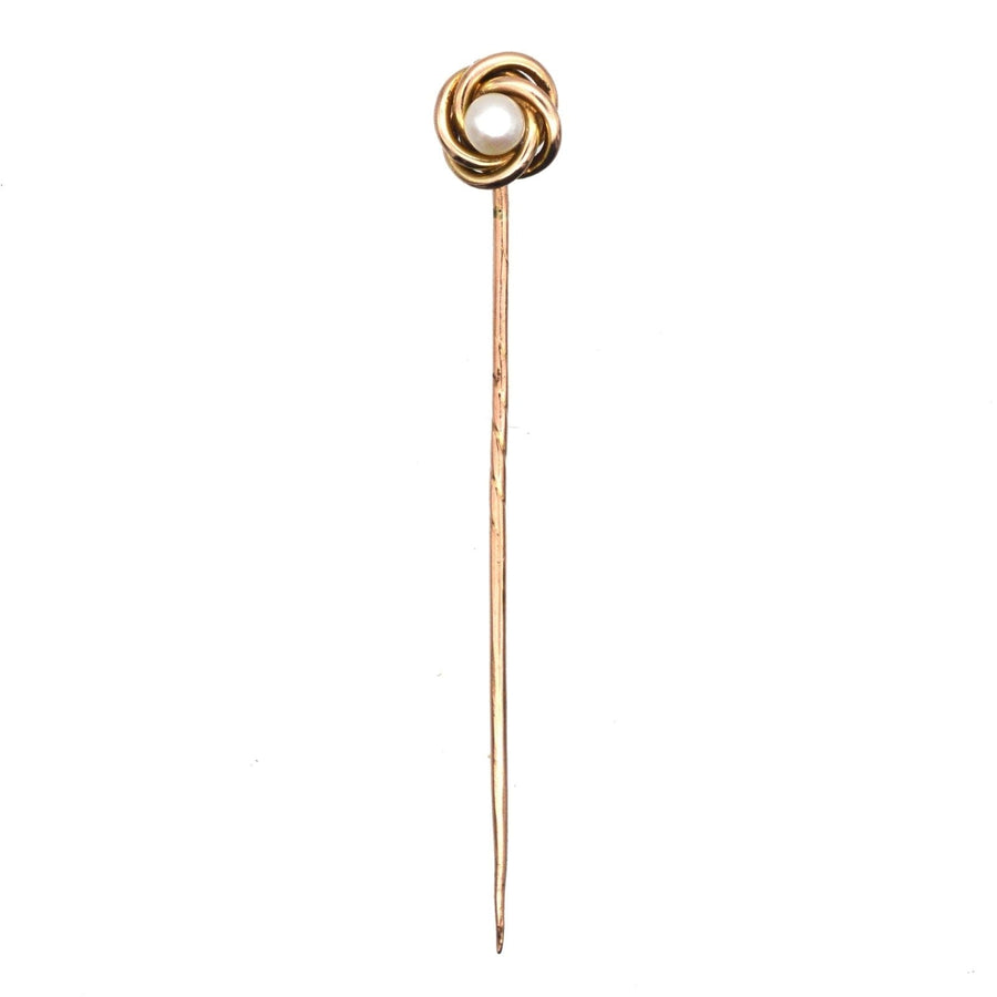 Victorian 9ct gold knot twist tie pin with a pearl, elegant and timeless accessory from the 1880s.