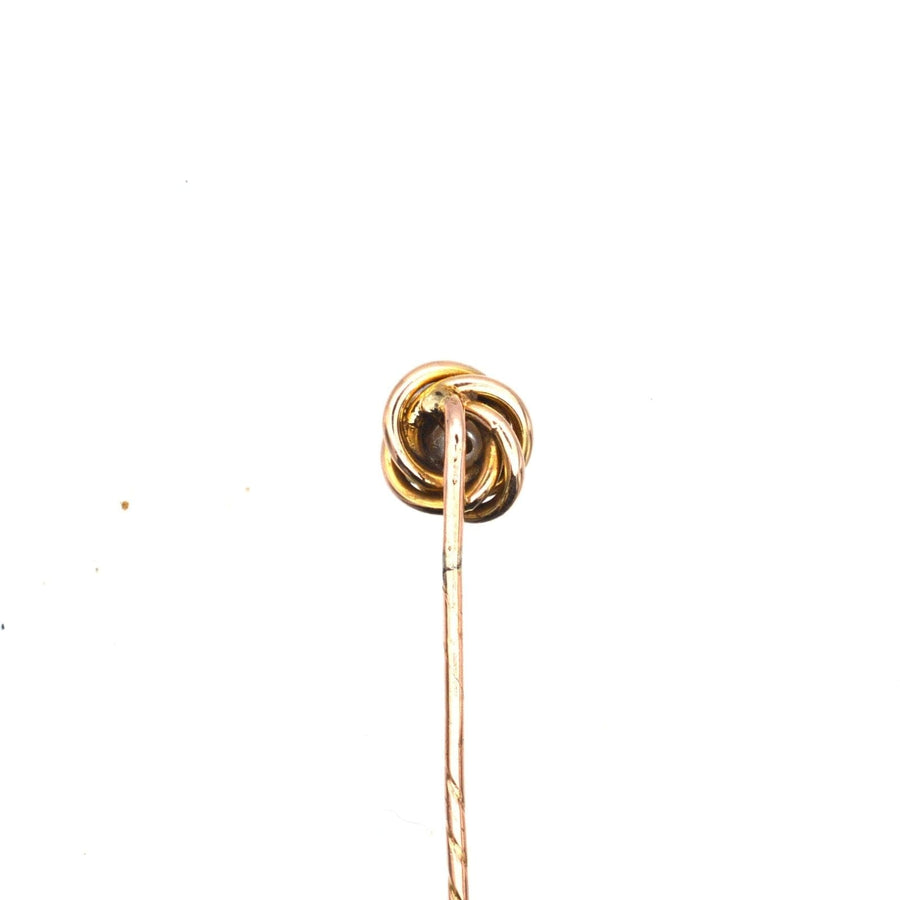 Victorian 9ct gold knot twist tie pin with lustrous pearl, elegant and timeless design from the 1880s.