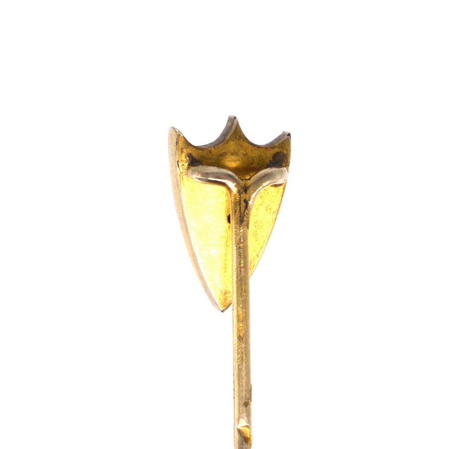 Victorian 9ct gold shield tie pin featuring split pearl details, perfect for adding a touch of elegance.