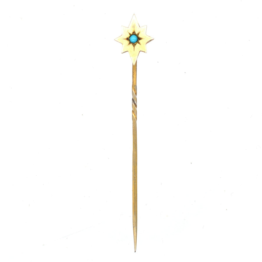 Victorian 9ct gold tie pin featuring a star design with a turquoise stone, ideal for December birthdays.
