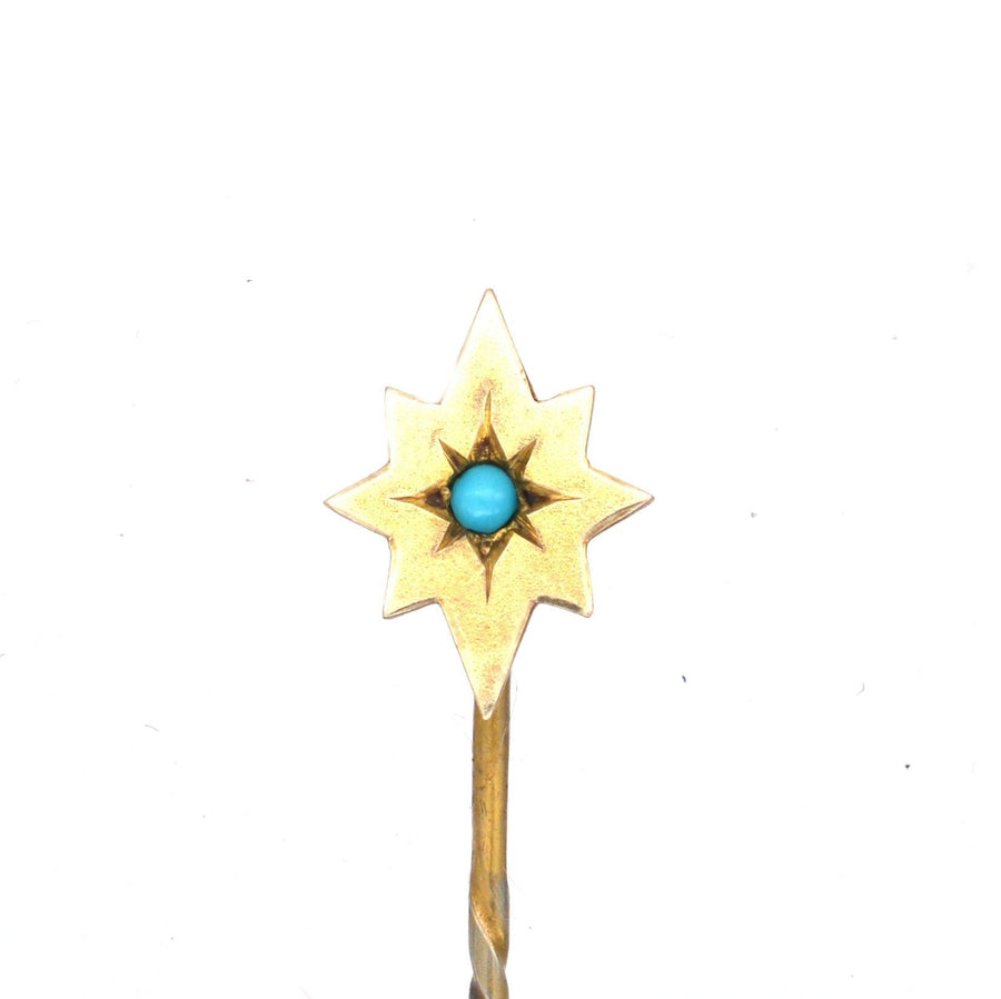 Victorian 9ct gold star tie pin featuring a vibrant turquoise stone, ideal for December birthdays.
