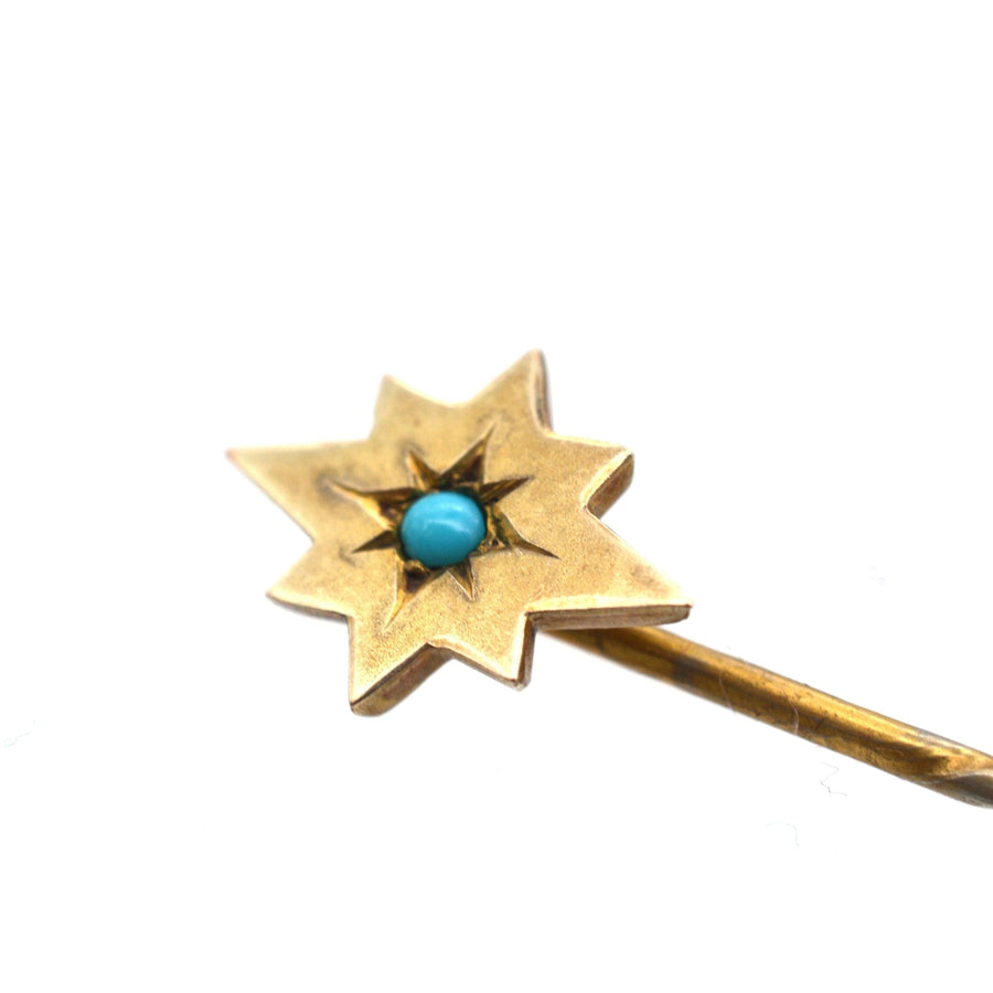 Victorian 9ct gold star tie pin featuring a turquoise center, perfect gift for gentlemen born in December.