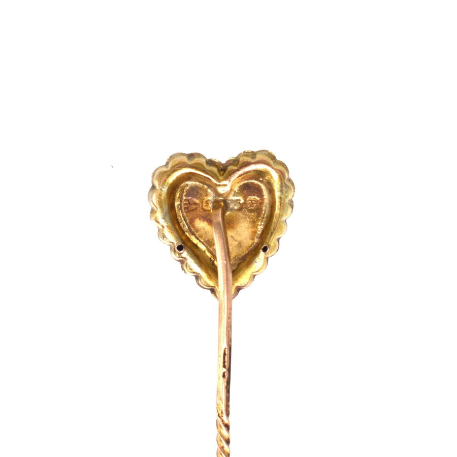 Victorian 9ct gold tie pin featuring heart design and intricate rose motif, with two-tone gold overlay and hallmarks.