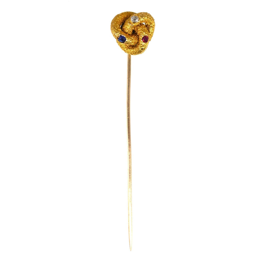 Victorian large gold knot tie pin featuring sapphire, diamond, and ruby for stylish sophistication.