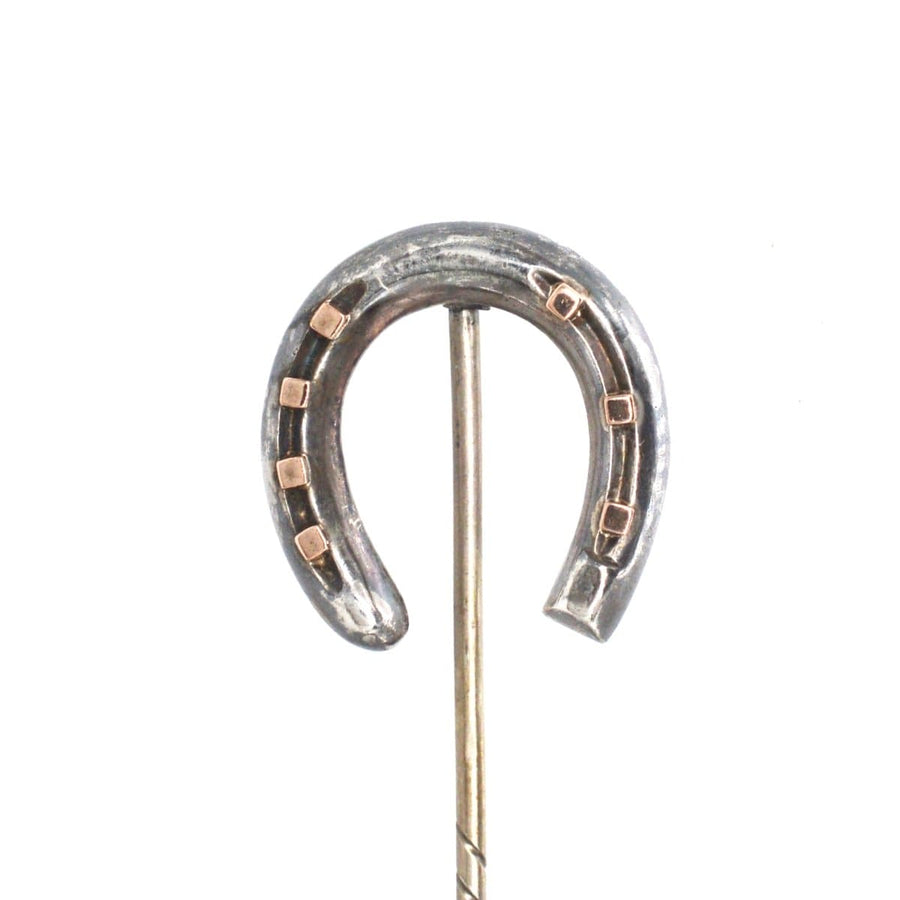 Victorian large silver horseshoe tie pin, symbolizing good luck and protection, crafted in Birmingham, 1870.