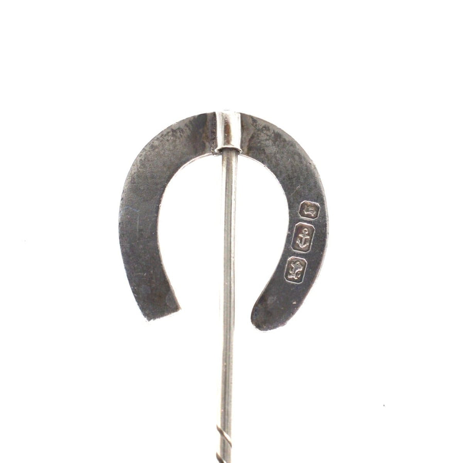 Antique Victorian large silver horseshoe tie pin from 1870, symbolizing good luck and protection.