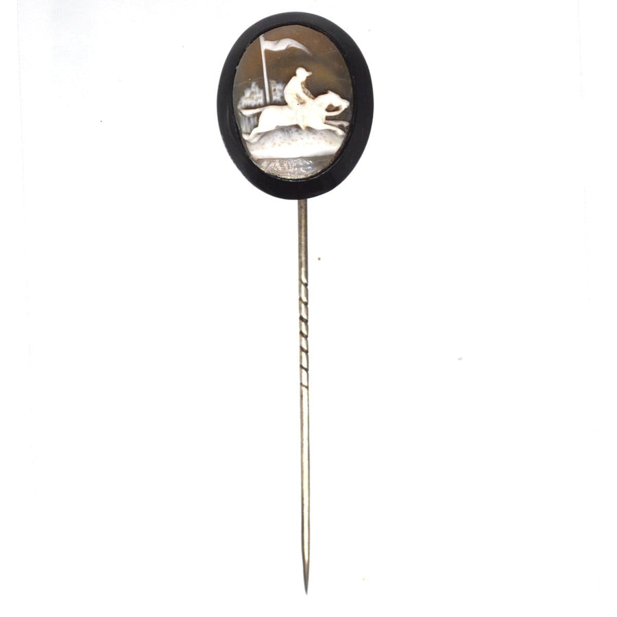 Victorian racing horse tie pin with shell cameo and Whitby Jet, depicting a horse and rider galloping.