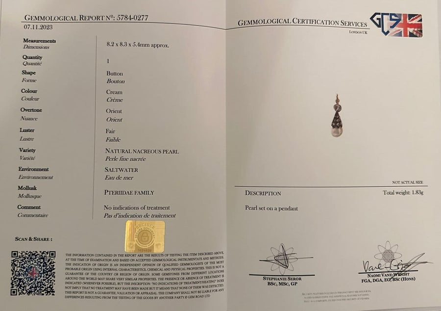 Gemmological certification report for a natural nacreous pearl pendant with details and descriptions.
