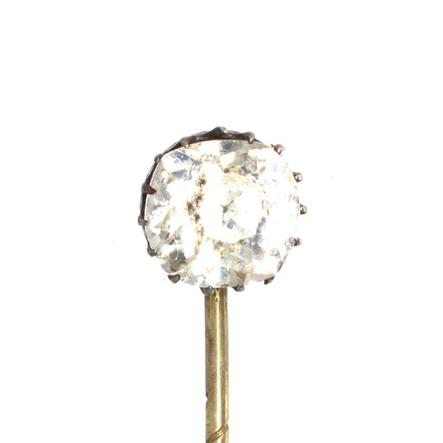 Victorian silver old mine cut paste tie pin with a 3-carat sparkling gemstone, elegant and affordable accessory.