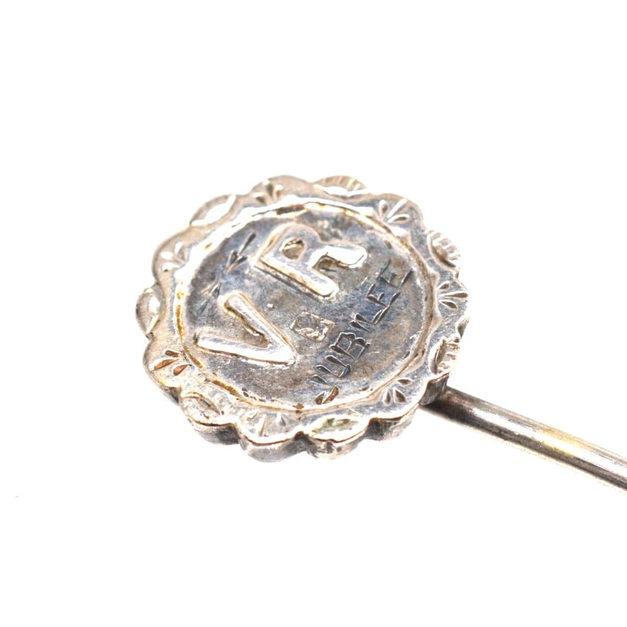 Victorian silver 'Victoria Regina' tie pin with floral design, commemorating Queen Victoria's Golden Jubilee.