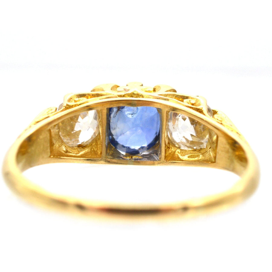 Victorian-Style 1960s 18ct Gold, Carved Half Hoop Three Stone Sapphire & Diamond Ring | Parkin and Gerrish | Antique & Vintage Jewellery