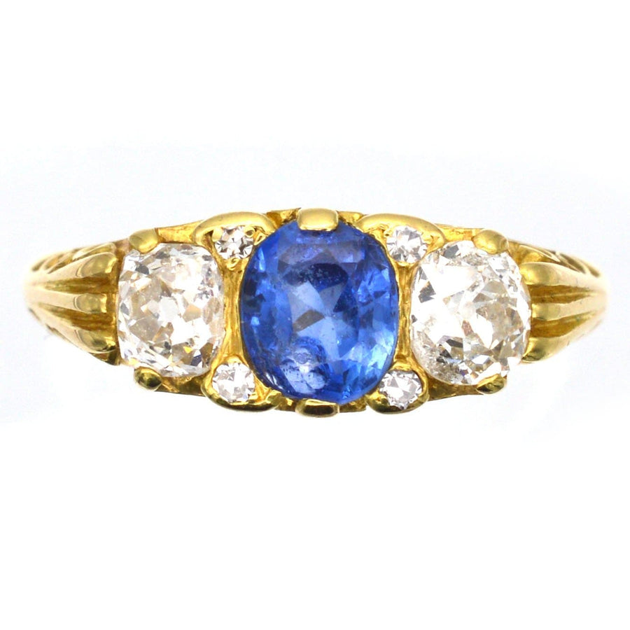 Victorian-Style 1960s 18ct Gold, Carved Half Hoop Three Stone Sapphire & Diamond Ring | Parkin and Gerrish | Antique & Vintage Jewellery