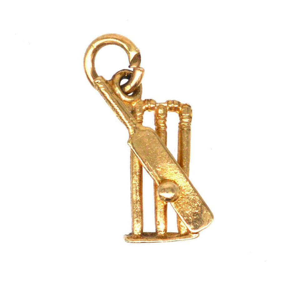 Vintage 9ct gold cricket charm pendant featuring a bat, ball, and stumps, perfect for cricket lovers.