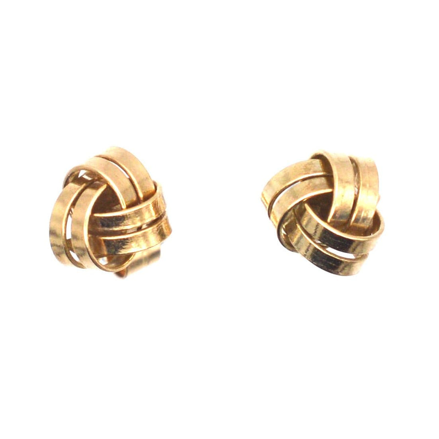 Vintage 9ct gold knot stud earrings, elegantly designed for versatile day and evening wear, 1970s-1980s style.