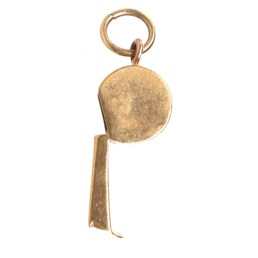 Vintage 9ct gold whistle charm pendant from 1973, fully hallmarked, elegant accessory for any outfit.