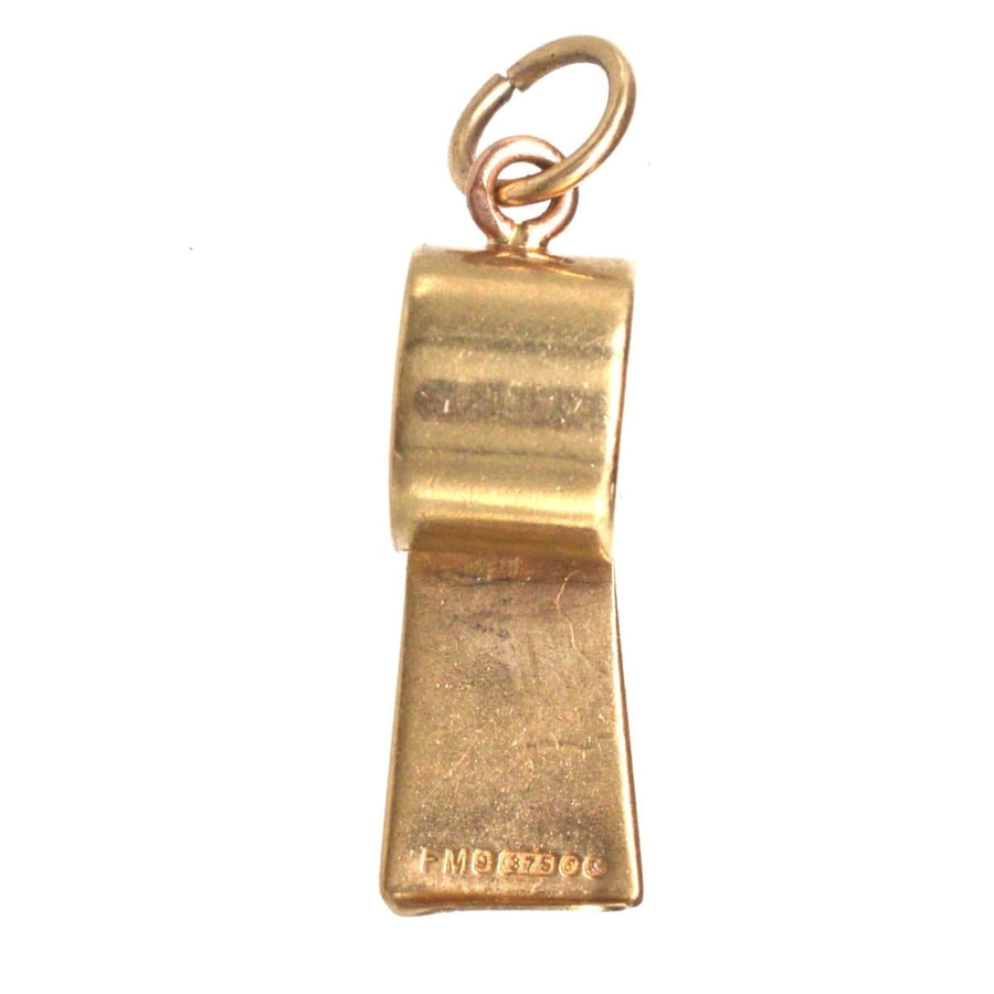Vintage 9ct gold whistle charm pendant from 1973, fully hallmarked, stylish accessory for any outfit.