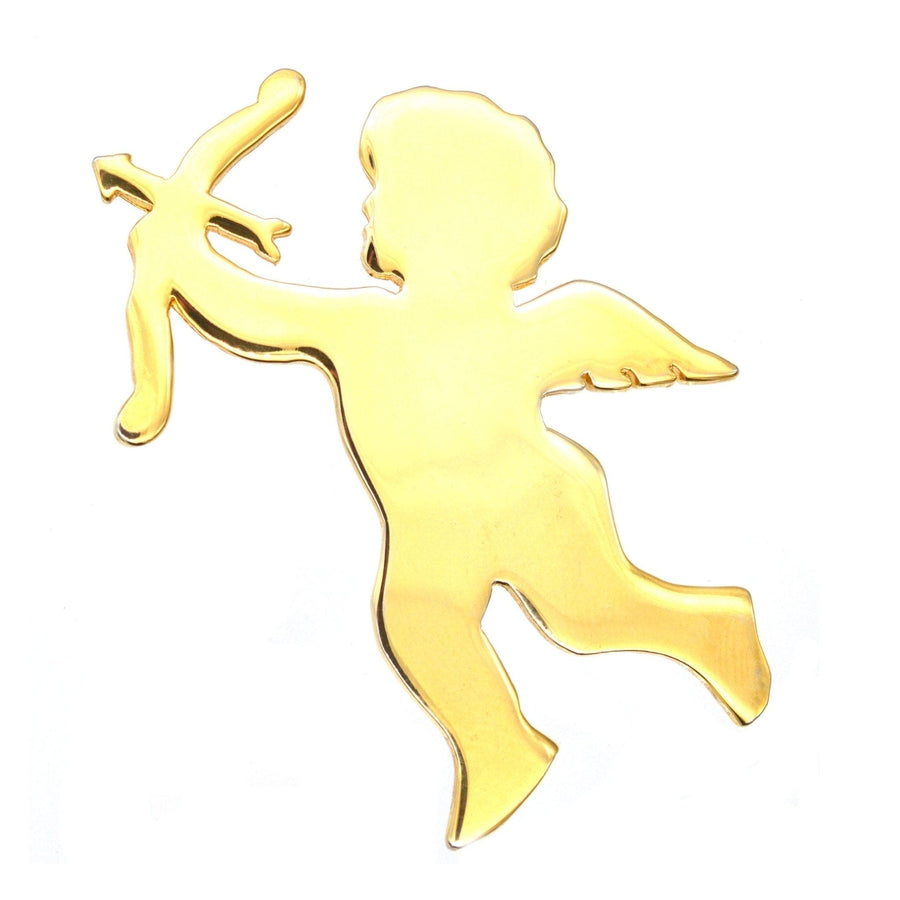 Vintage gold-tone Cupid brooch, cherub with bow and arrow, symbolizing love and attraction.