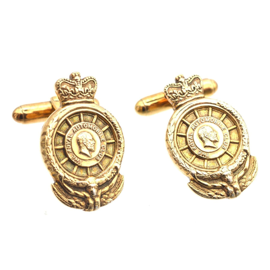 Vintage silver gilt cufflinks featuring the Royal Automobile Club logo, crafted by Jack Spencer in Sheffield, 1991.