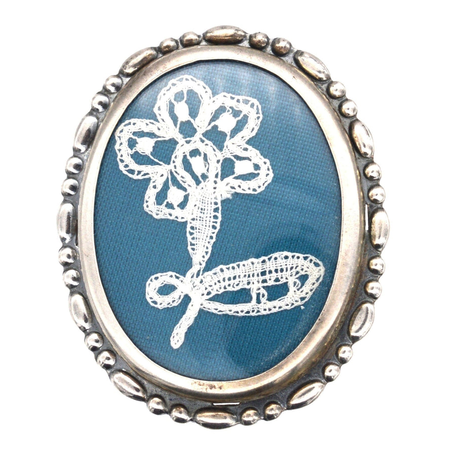 Vintage Silver Oval Frame Brooch with Flower Lace Embroidery | Parkin and Gerrish | Antique & Vintage Jewellery