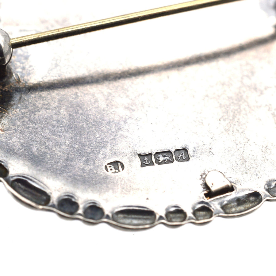 Vintage Silver Oval Frame Brooch with Flower Lace Embroidery | Parkin and Gerrish | Antique & Vintage Jewellery