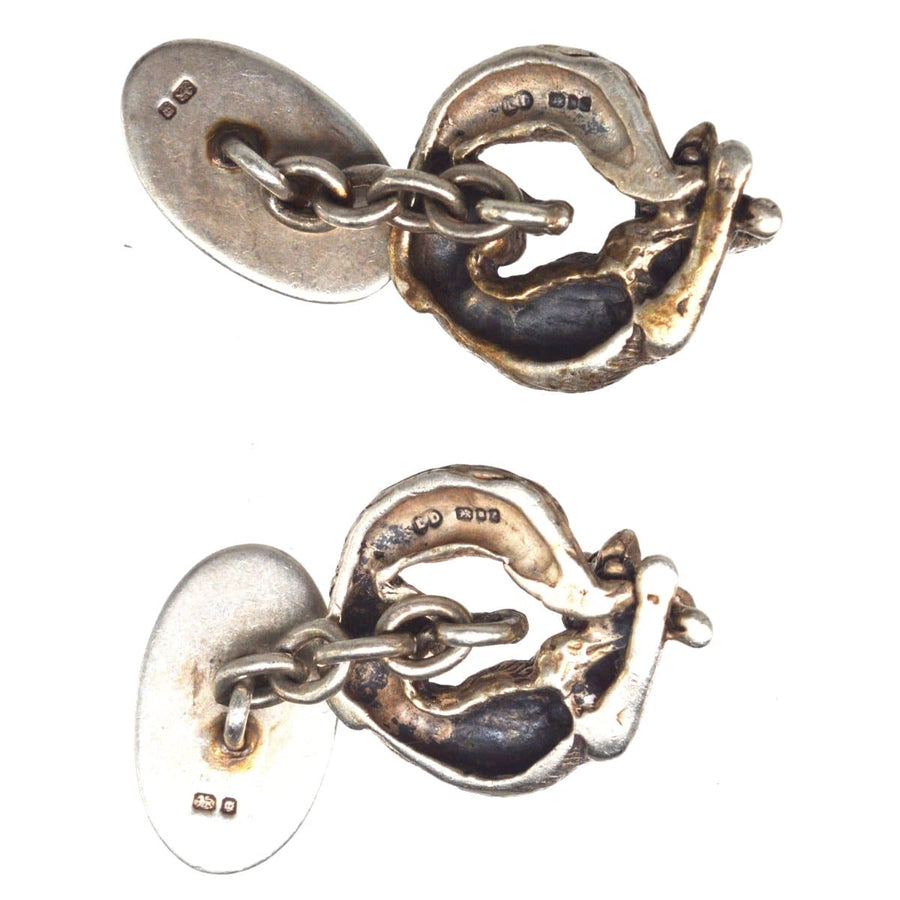 Vintage silver cufflinks featuring a unique design, made by British jeweller Lexi Dick in 1985.